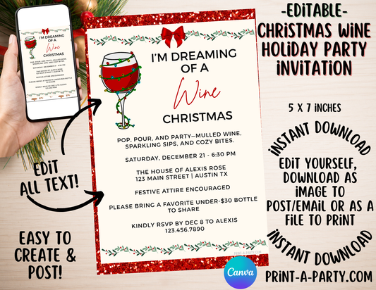 CHRISTMAS WINE PARTY Invite - Editable Christmas Wine Party Invitation Template – Holiday Girls Night, Work Party, or Friendsmas Invite
