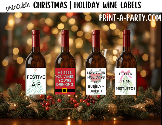 WINE LABELS: Funny Christmas Wine Labels – Printable Holiday Bottle Stickers for Holiday Host Gifts and Table Decor