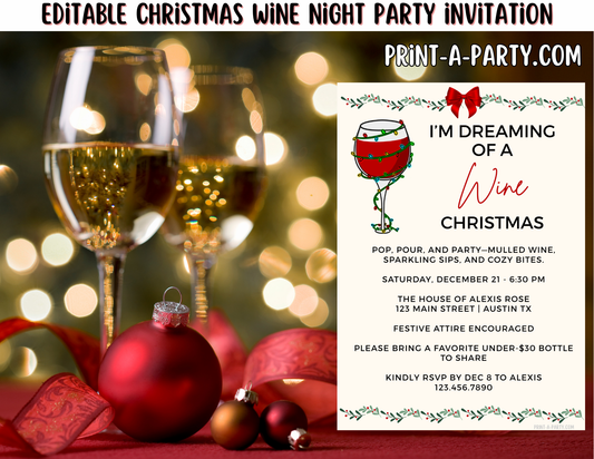 CHRISTMAS WINE PARTY Invite - Editable Christmas Wine Party Invitation Template – Holiday Girls Night, Work Party, or Friendsmas Invite