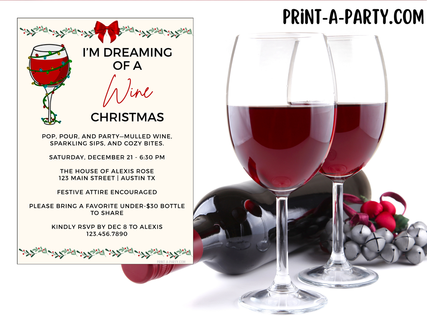 CHRISTMAS WINE PARTY Invite - Editable Christmas Wine Party Invitation Template – Holiday Girls Night, Work Party, or Friendsmas Invite