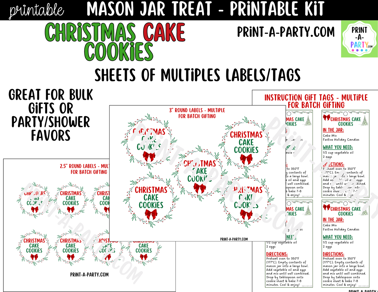 Christmas Cake Cookies in a Mason Jar Gift Printable Kit - Labels, Tag, Recipe & Instructions