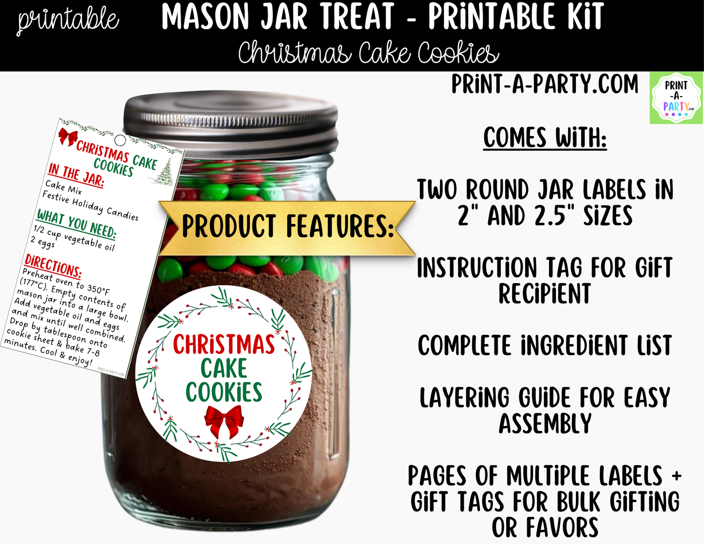 Christmas Cake Cookies in a Mason Jar Gift Printable Kit - Labels, Tag, Recipe & Instructions