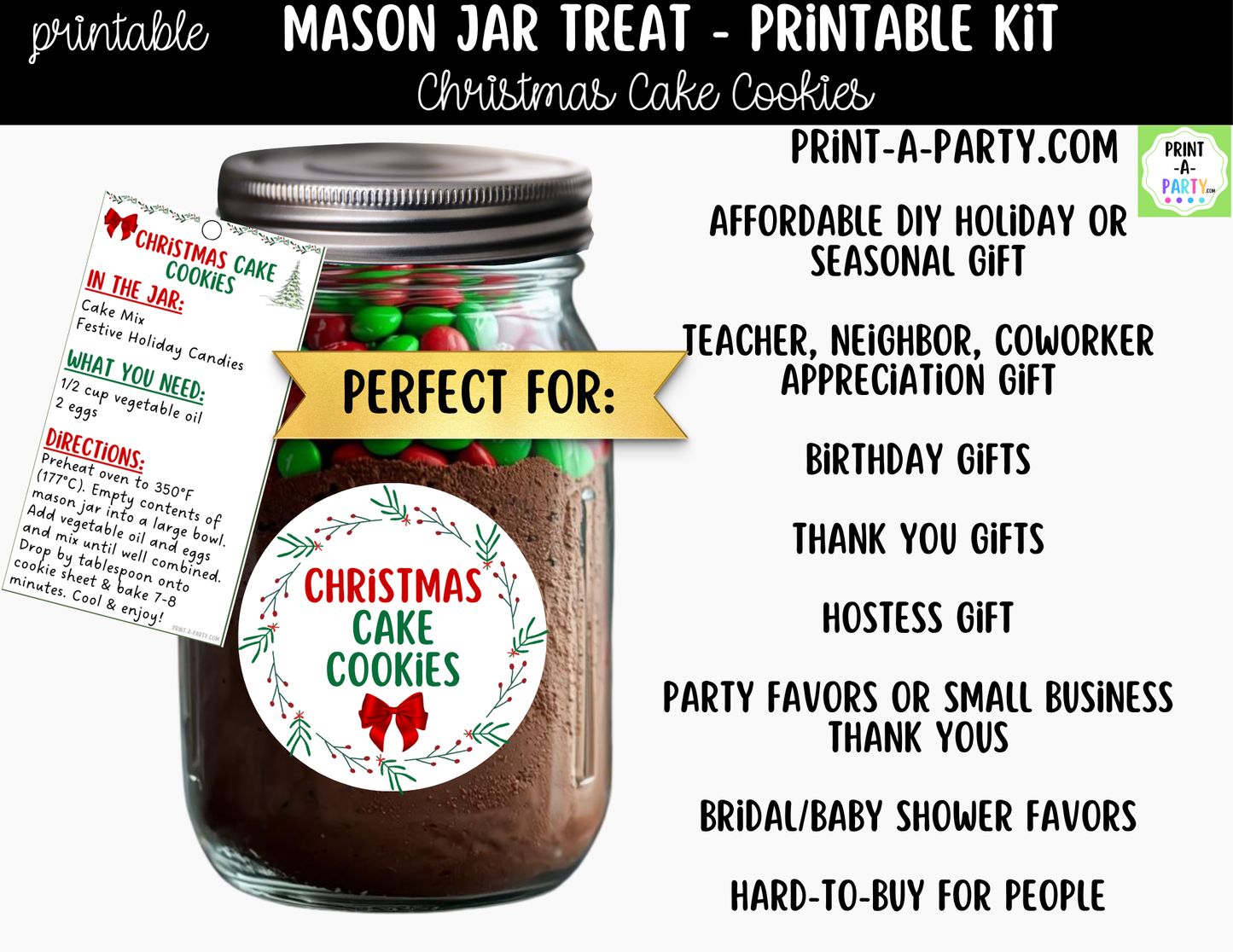Christmas Cake Cookies in a Mason Jar Gift Printable Kit - Labels, Tag, Recipe & Instructions