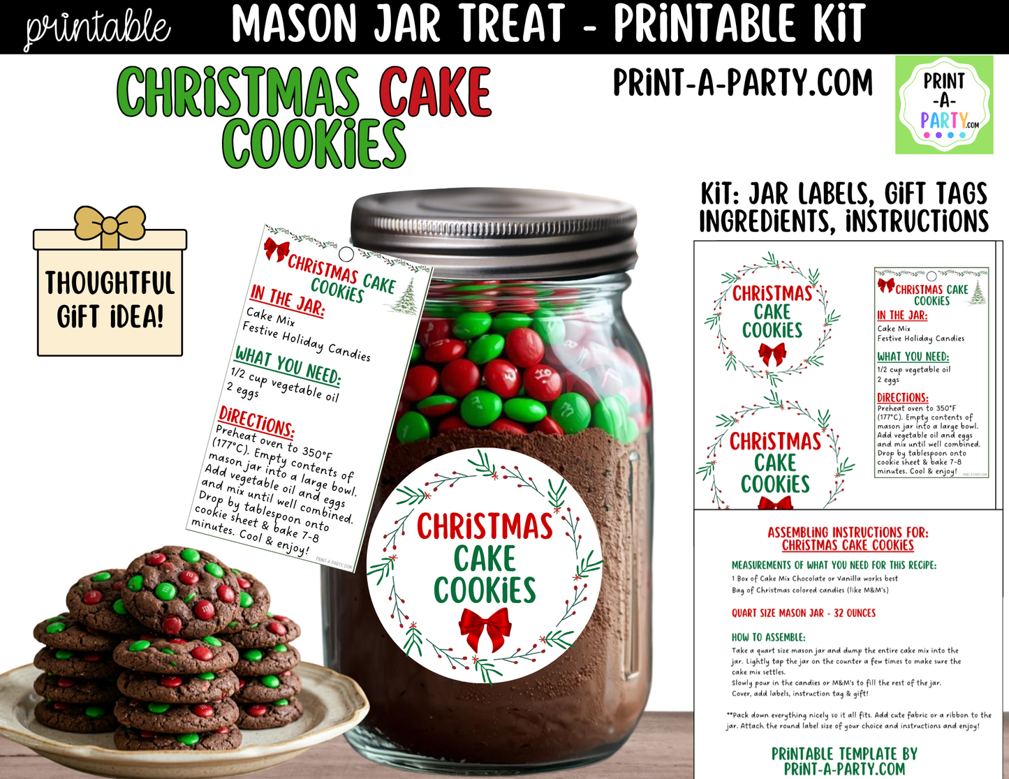 Christmas Cake Cookies in a Mason Jar Gift Printable Kit - Labels, Tag, Recipe & Instructions