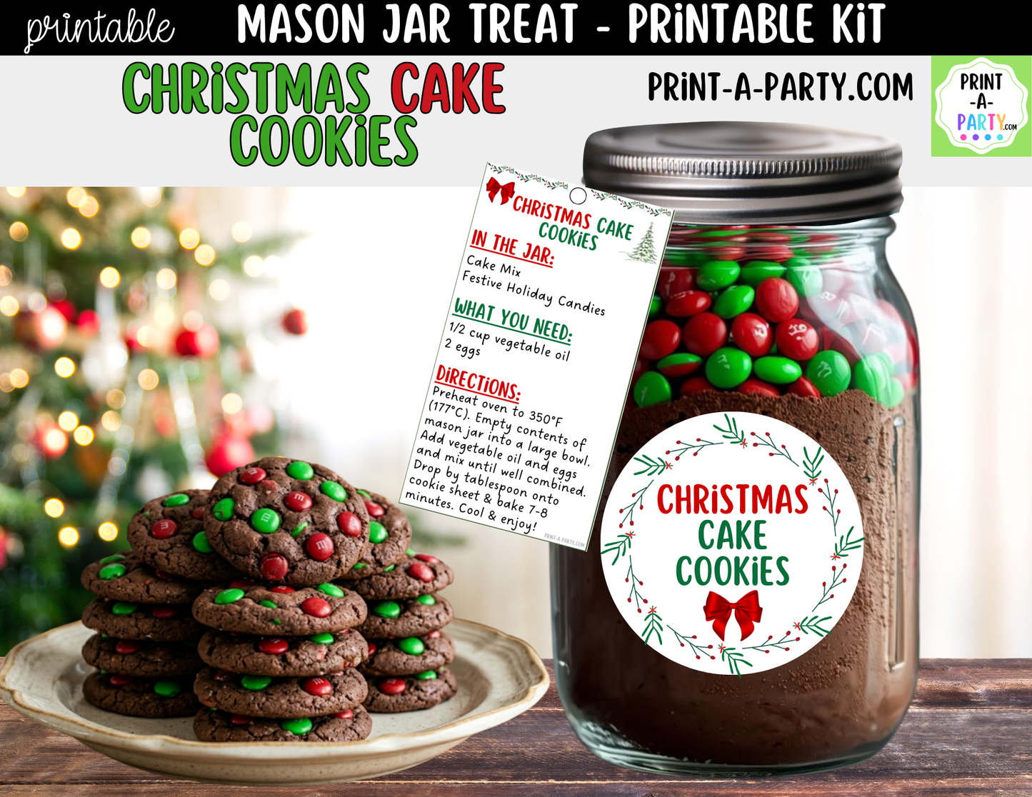 Christmas Cake Cookies in a Mason Jar Gift Printable Kit - Labels, Tag, Recipe & Instructions
