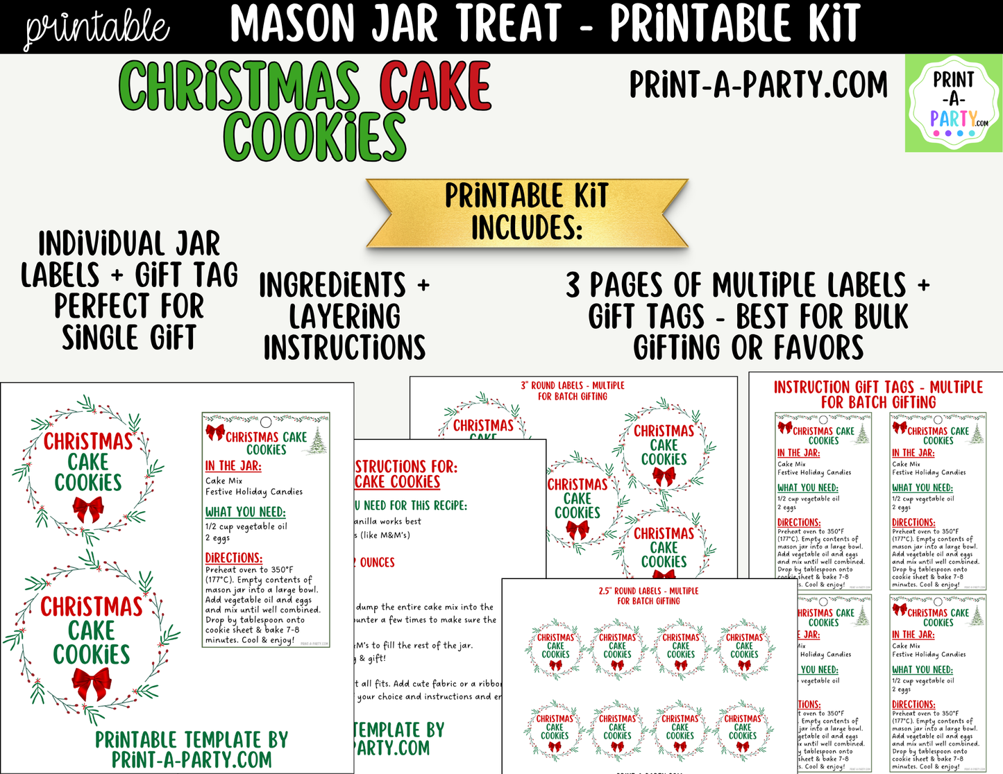 Christmas Cake Cookies in a Mason Jar Gift Printable Kit - Labels, Tag, Recipe & Instructions