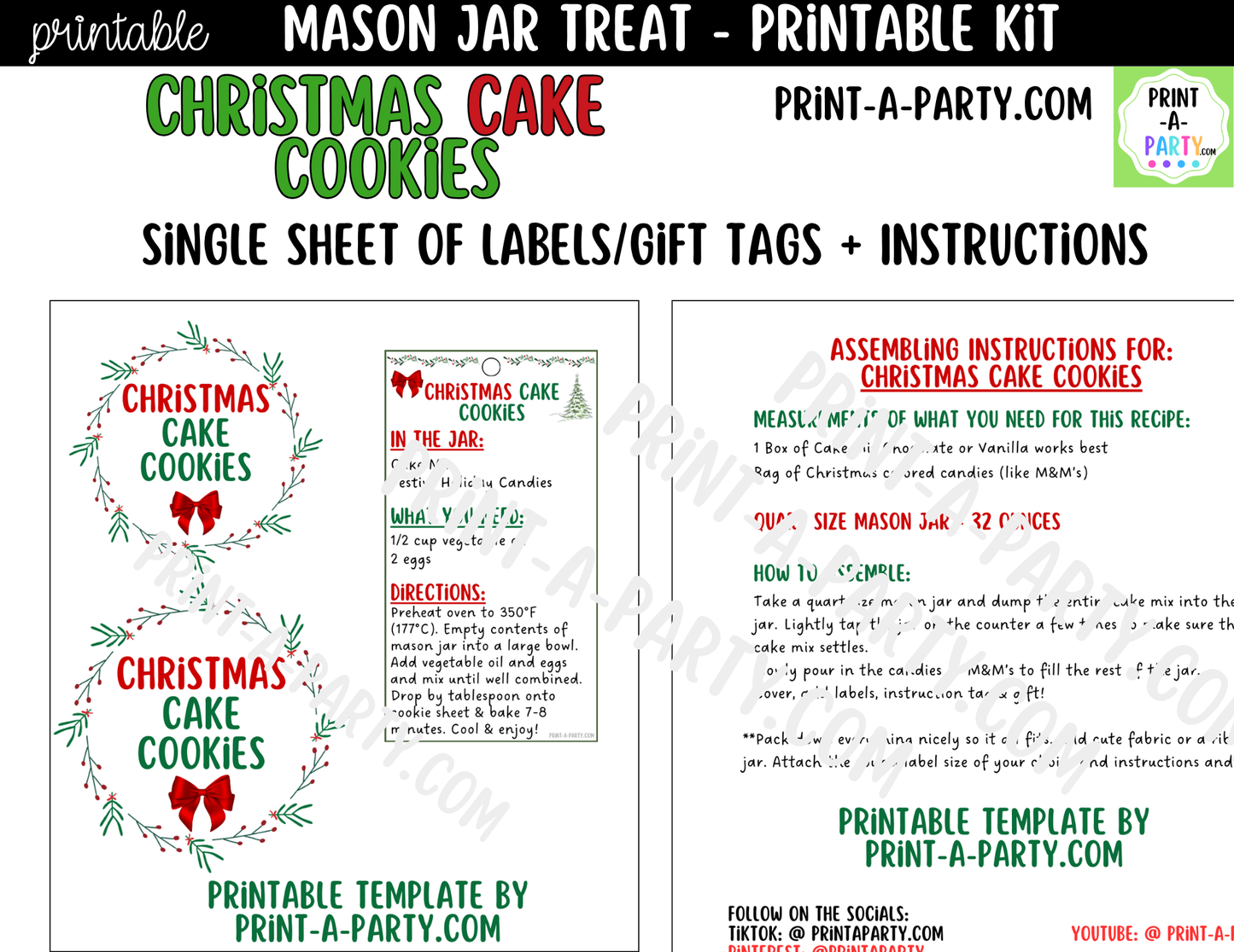 Christmas Cake Cookies in a Mason Jar Gift Printable Kit - Labels, Tag, Recipe & Instructions