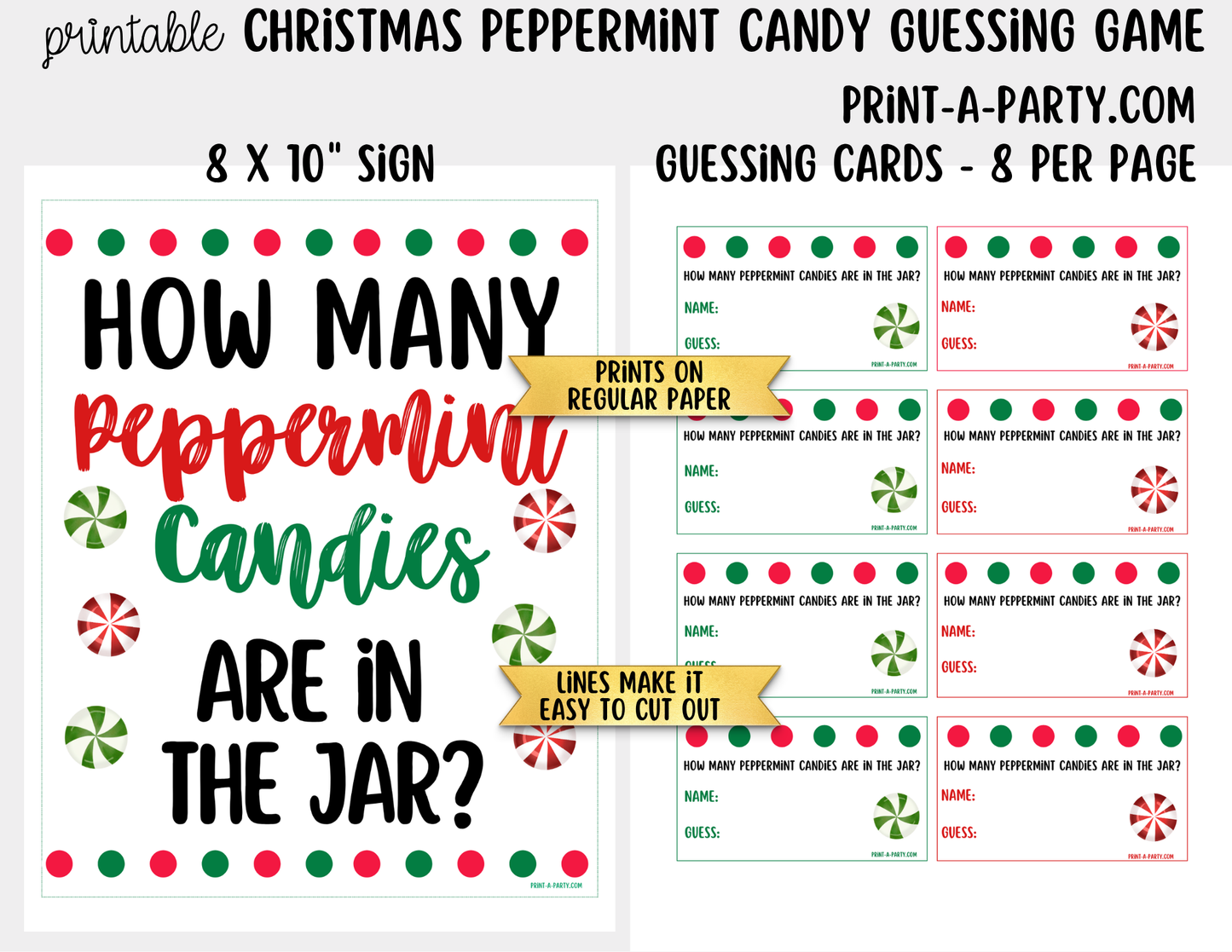 Christmas Peppermint Candy Jar Game Printable Sign (8x10) and Guessing Cards for holiday parties and events