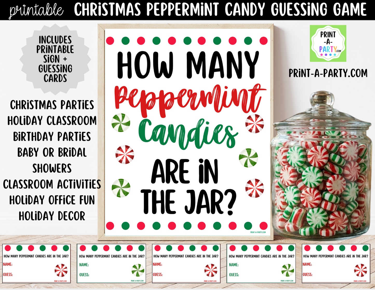 Christmas Peppermint Candy Jar Game Printable Sign (8x10) and Guessing Cards for holiday parties and events
