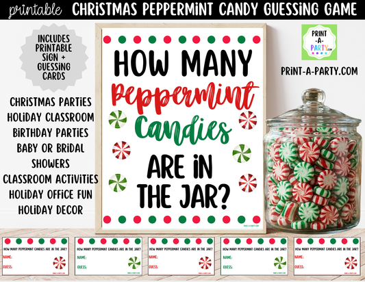 Christmas Peppermint Candy Jar Game Printable Sign (8x10) and Guessing Cards for holiday parties and events