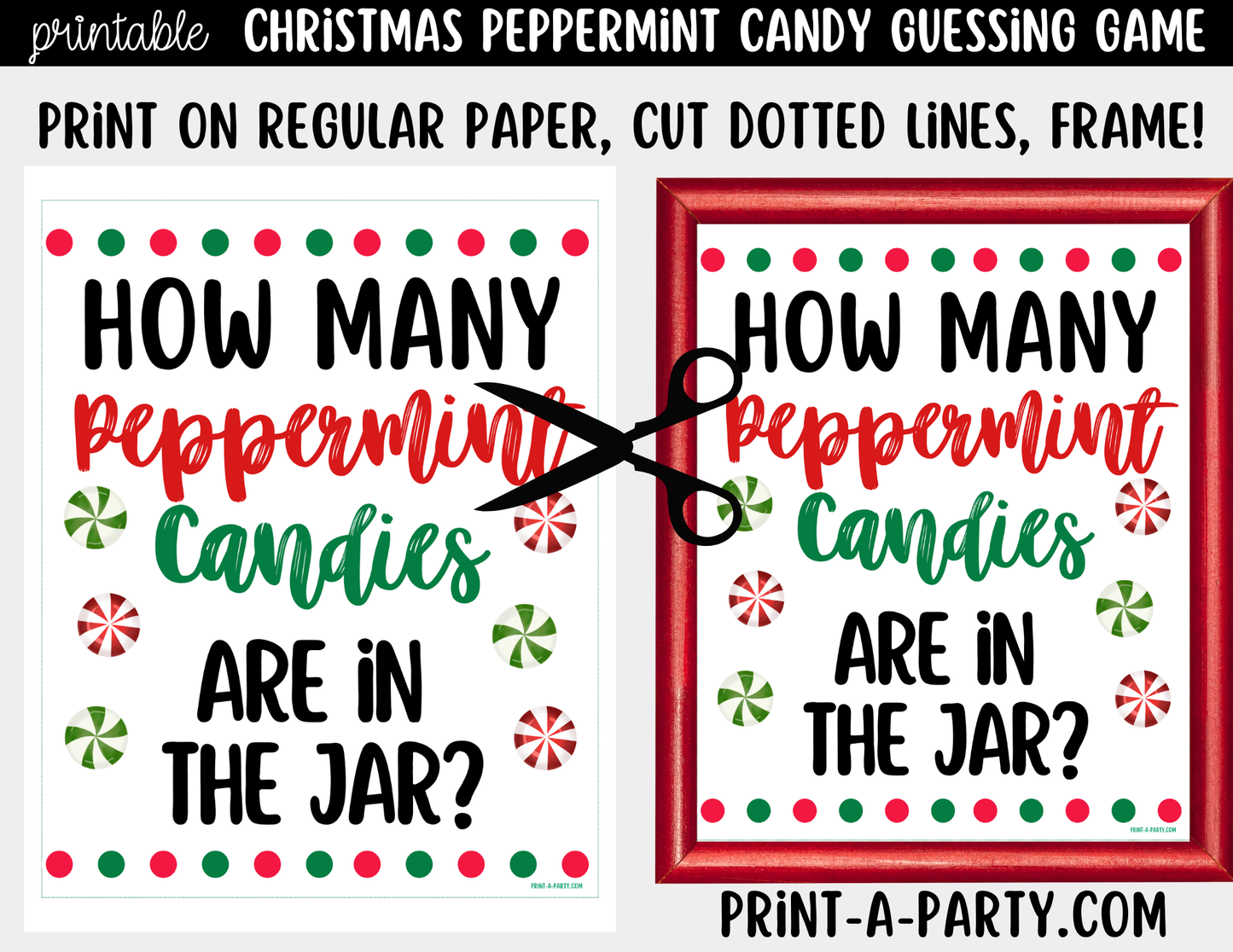 Christmas Peppermint Candy Jar Game Printable Sign (8x10) and Guessing Cards for holiday parties and events