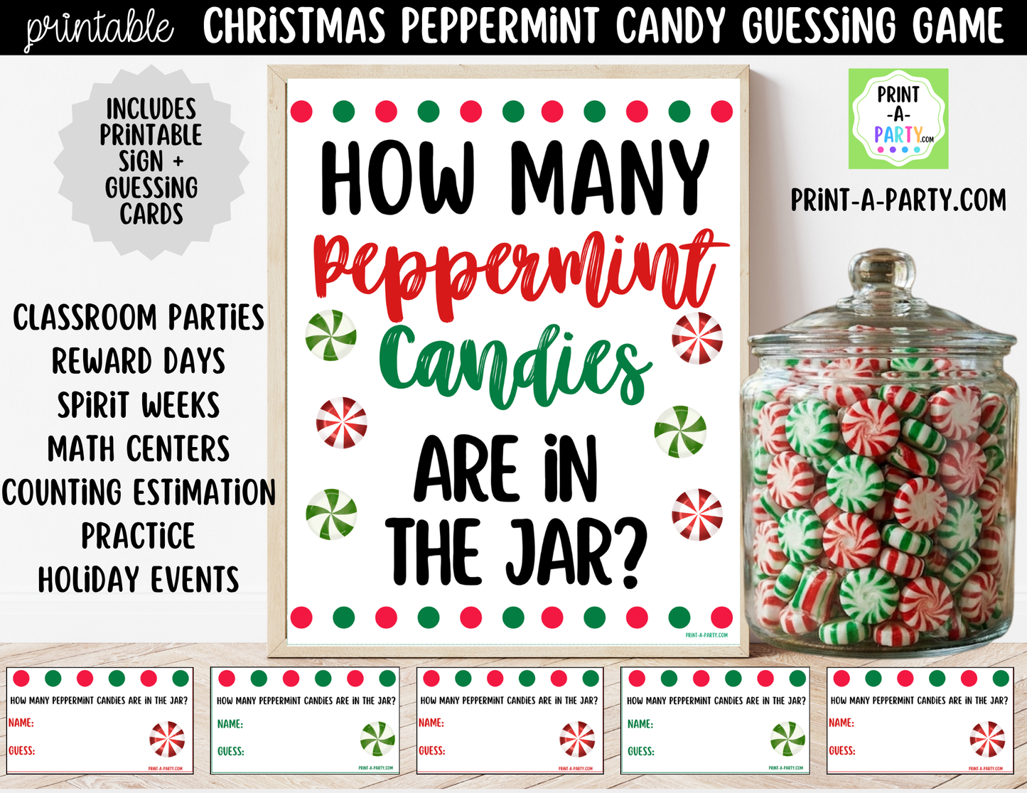 Christmas Peppermint Candy Jar Game Printable Sign (8x10) and Guessing Cards for holiday parties and events