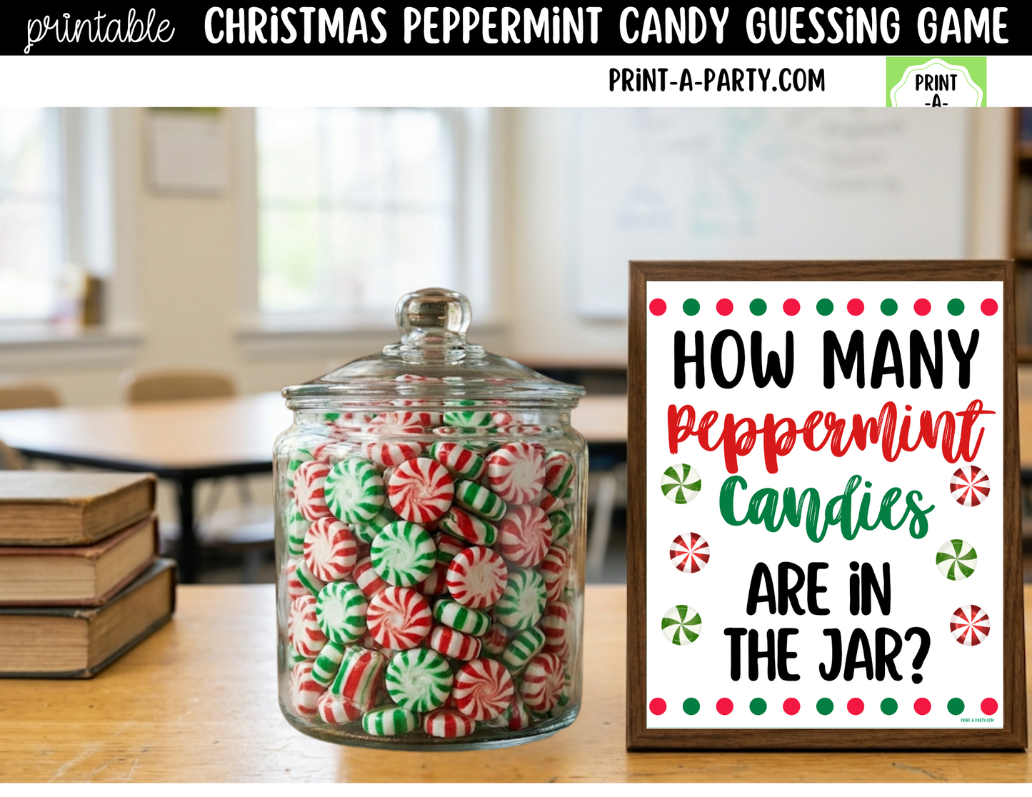 Christmas Peppermint Candy Jar Game Printable Sign (8x10) and Guessing Cards for holiday parties and events