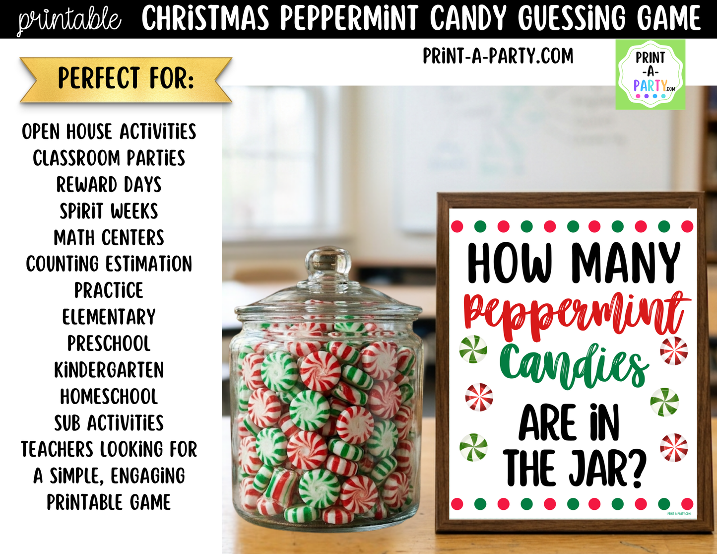 Christmas Peppermint Candy Jar Game Printable Sign (8x10) and Guessing Cards for holiday parties and events