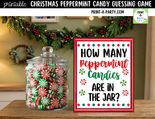 Christmas Peppermint Candy Jar Game Printable Sign (8x10) and Guessing Cards for holiday parties and events