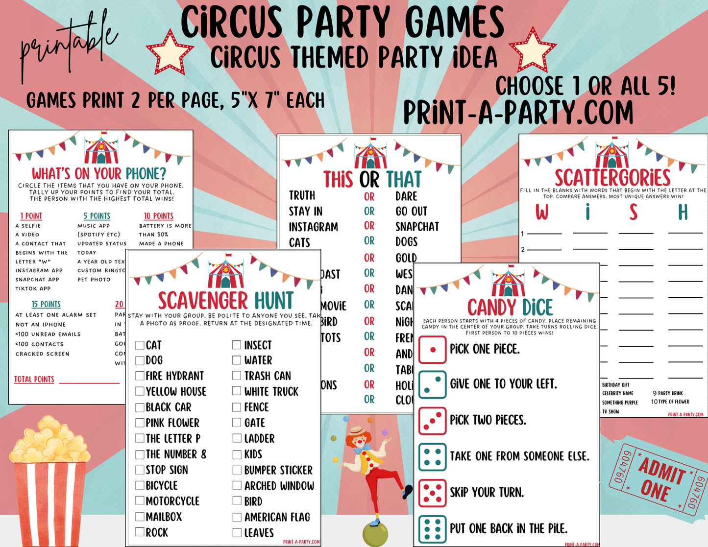 GAMES: CIRCUS THEME | Birthday Party Games | Circus Party | Circus Party Ideas | INSTANT DOWNLOAD