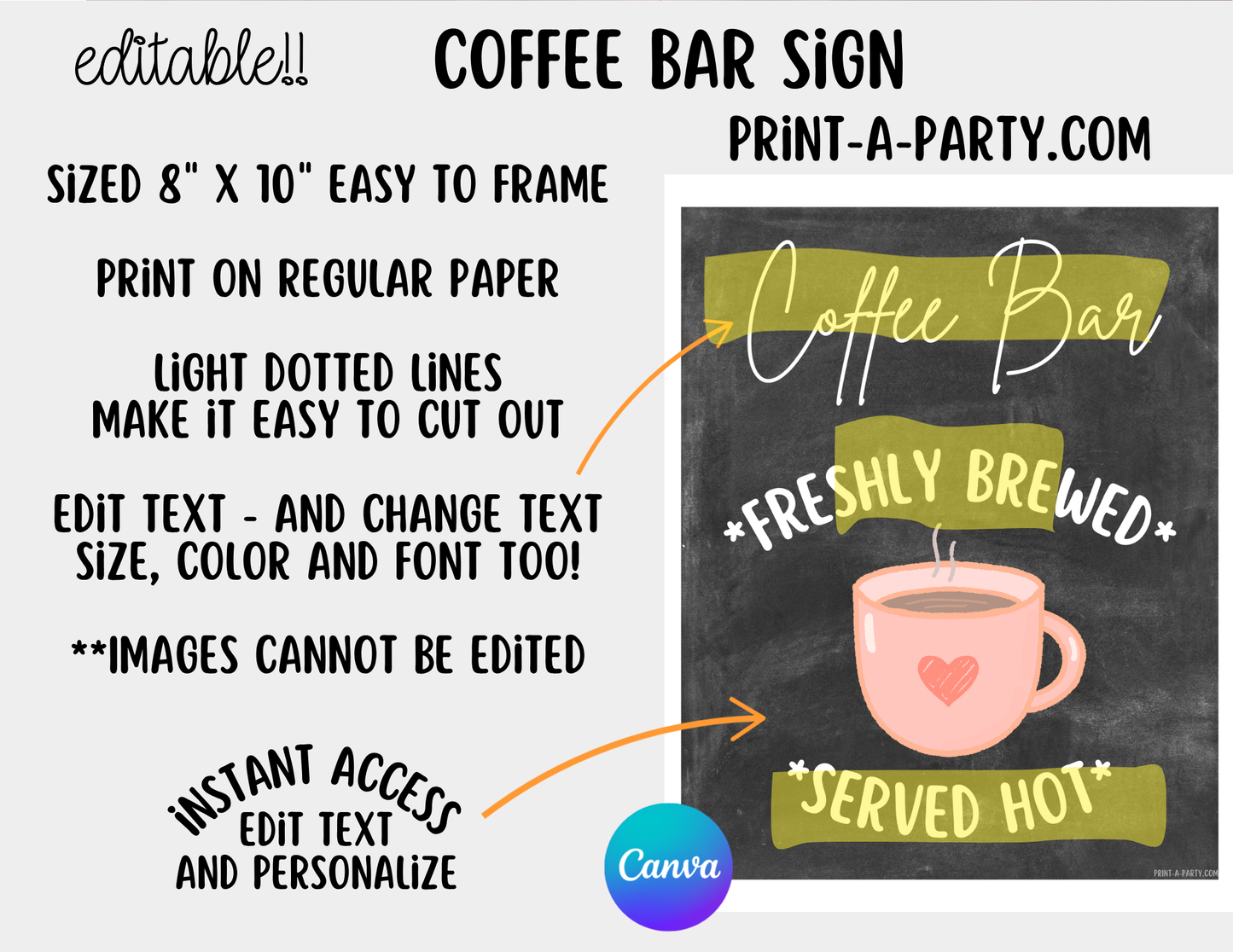 Editable COFFEE BAR - Sign and Toppings Labels Template Chalkboard - Perfect for Parties, Showers, Birthdays, Holidays or the Office