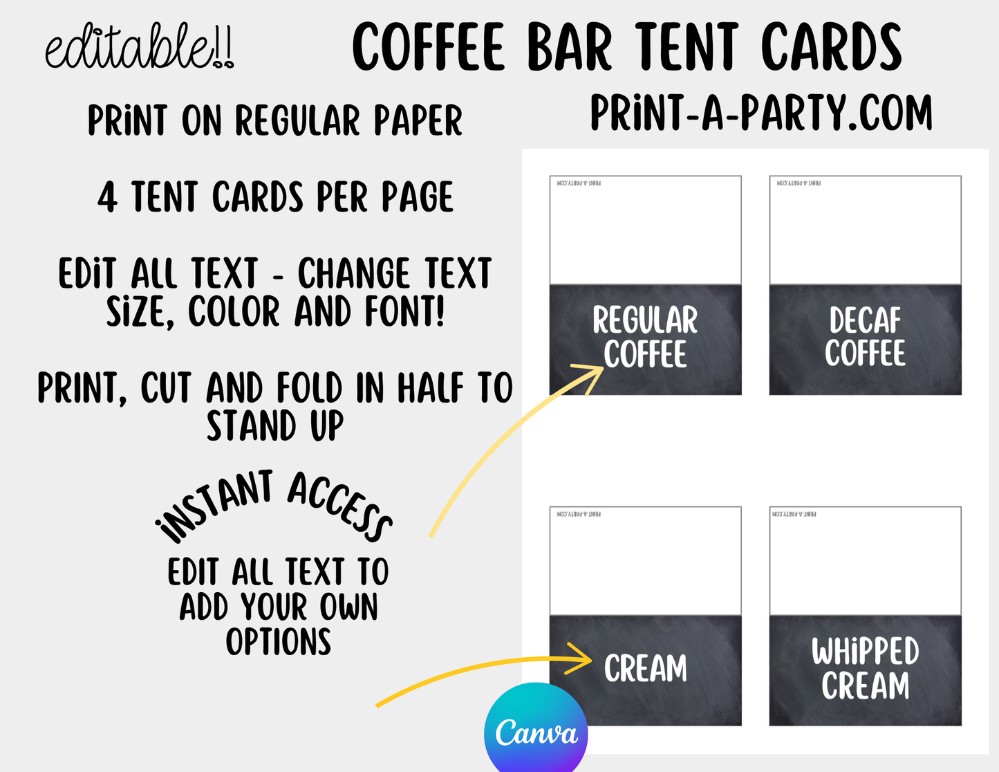 Editable COFFEE BAR - Sign and Toppings Labels Template Chalkboard - Perfect for Parties, Showers, Birthdays, Holidays or the Office