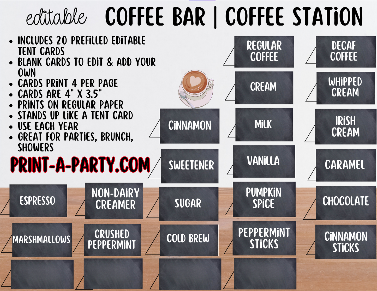 Editable COFFEE BAR - Sign and Toppings Labels Template Chalkboard - Perfect for Parties, Showers, Birthdays, Holidays or the Office