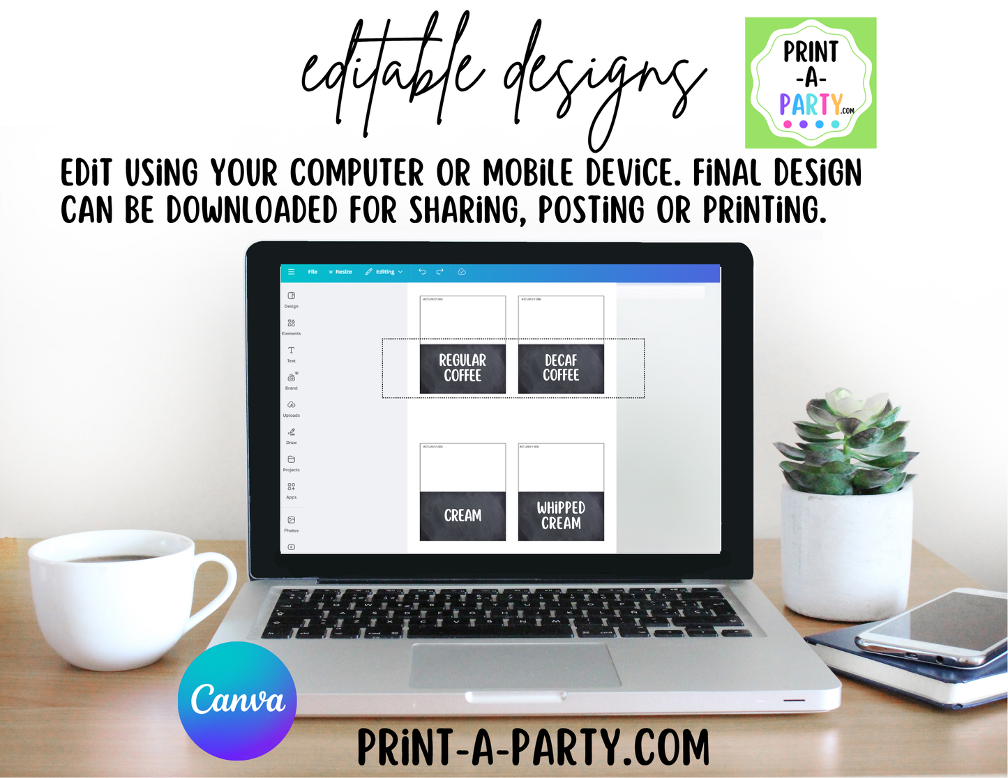 Editable COFFEE BAR - Sign and Toppings Labels Template Chalkboard - Perfect for Parties, Showers, Birthdays, Holidays or the Office
