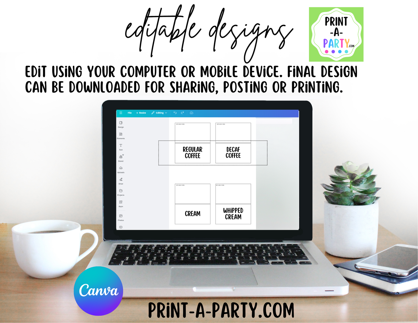 Editable COFFEE BAR - Sign and Toppings Labels Template White - Perfect for Parties, Showers, Birthdays, Holidays or the Office