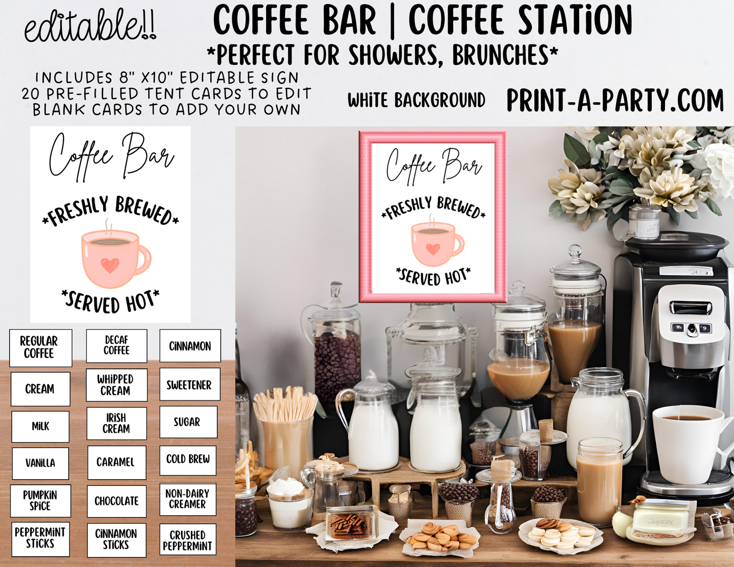Editable COFFEE BAR - Sign and Toppings Labels Template White - Perfect for Parties, Showers, Birthdays, Holidays or the Office