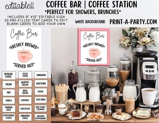 Editable COFFEE BAR - Sign and Toppings Labels Template White - Perfect for Parties, Showers, Birthdays, Holidays or the Office