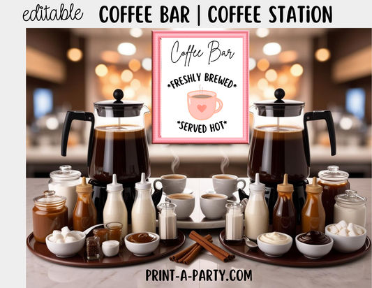 Editable COFFEE BAR - Sign and Toppings Labels Template White - Perfect for Parties, Showers, Birthdays, Holidays or the Office