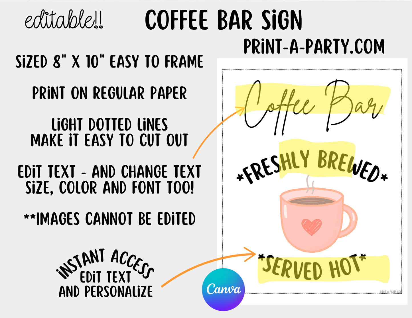 Editable COFFEE BAR - Sign and Toppings Labels Template White - Perfect for Parties, Showers, Birthdays, Holidays or the Office