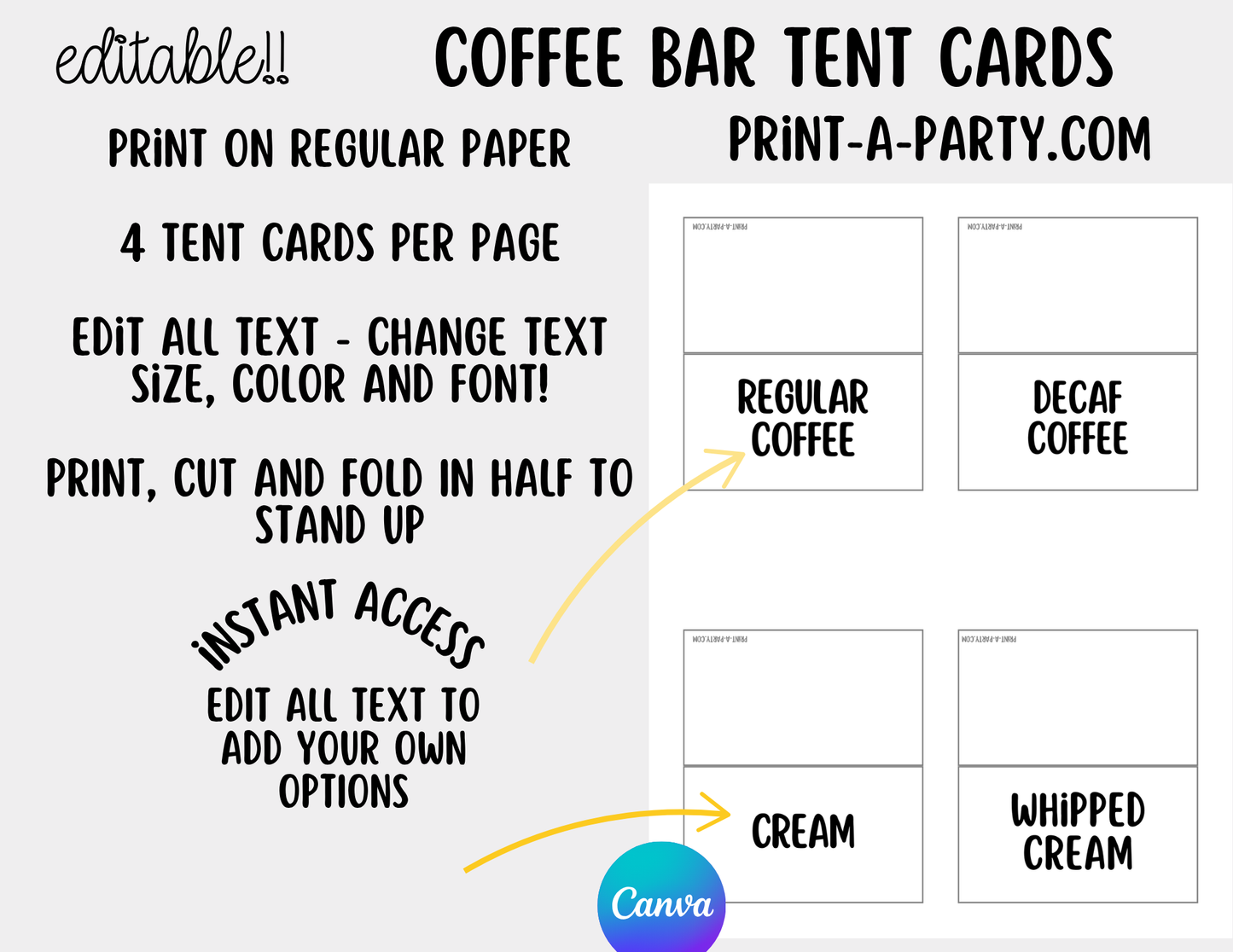 Editable COFFEE BAR - Sign and Toppings Labels Template White - Perfect for Parties, Showers, Birthdays, Holidays or the Office