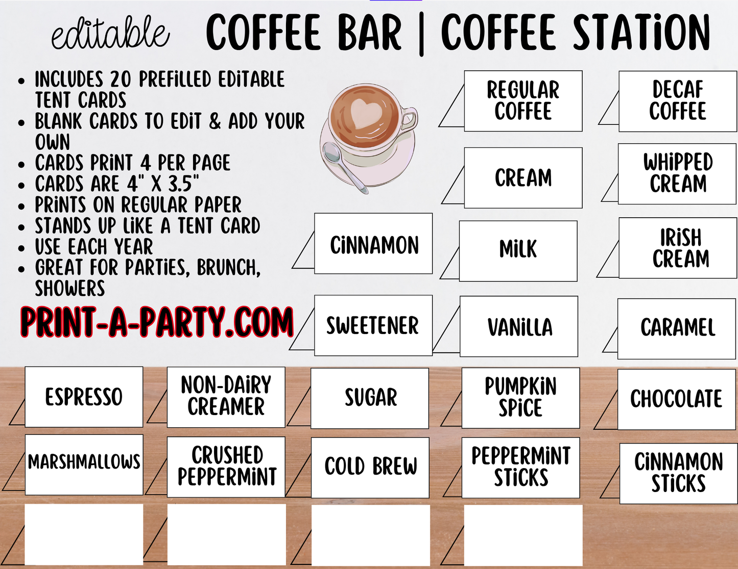 Editable COFFEE BAR - Sign and Toppings Labels Template White - Perfect for Parties, Showers, Birthdays, Holidays or the Office