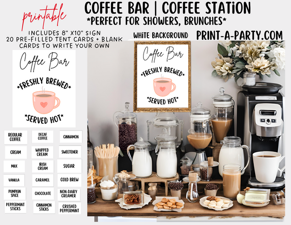 COFFEE BAR | COFFEE STATION Setup - White | Coffee Bar Sign | Coffee Station for Party | Coffee Bar for Party | Brunch | Wedding Shower | Baby Shower | Sleepover | DIY Coffee Bar
