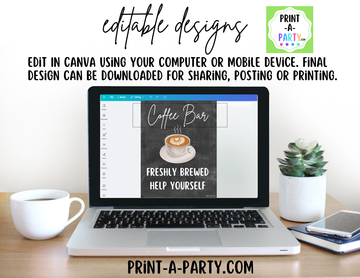 Editable Coffee Bar Sign (8x10) and Toppings Tent Cards - Printable Brunch Decor for Parties, Showers, Holiday and Events!