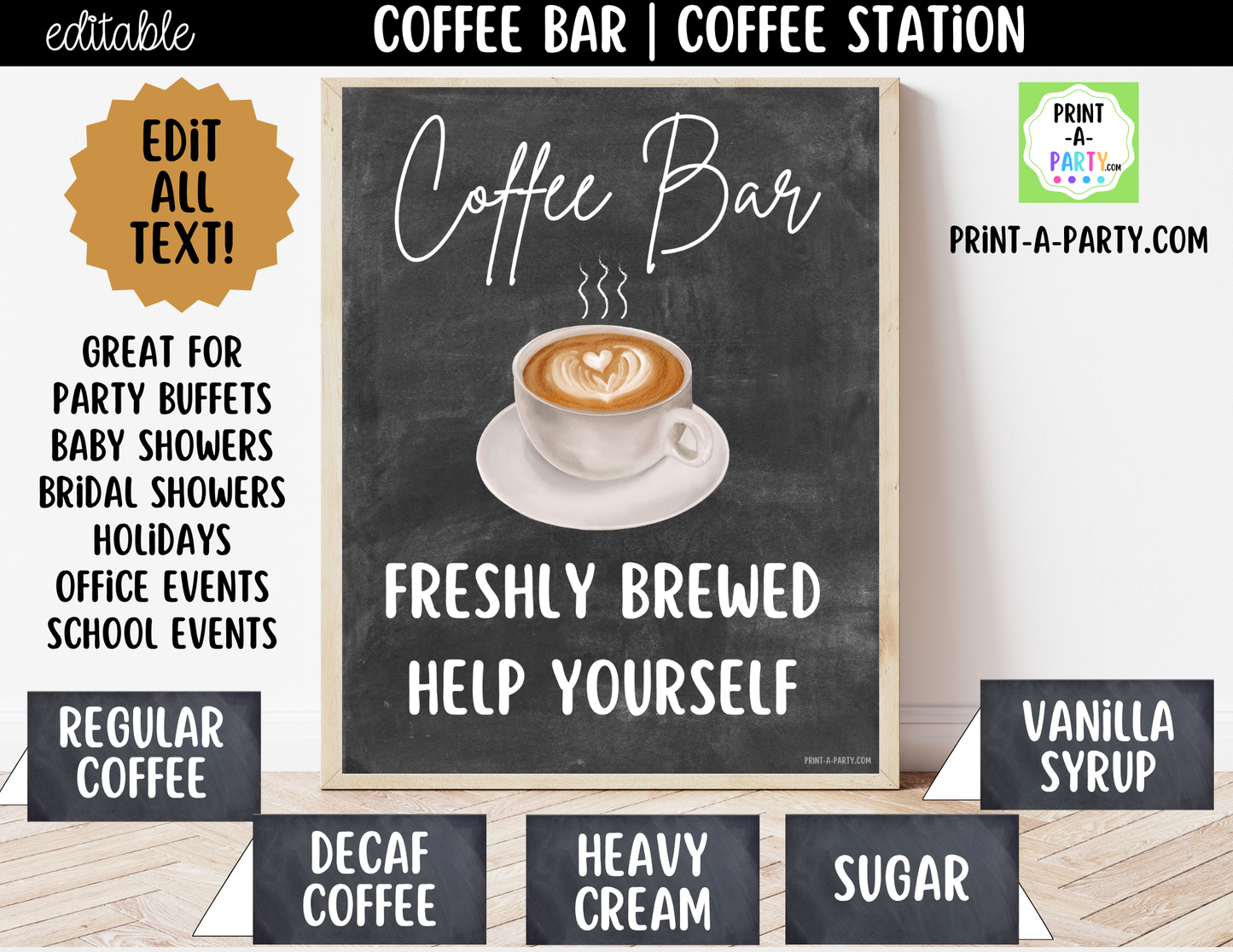 Editable Coffee Bar Sign (8x10) and Toppings Tent Cards - Printable Brunch Decor for Parties, Showers, Holiday and Events!