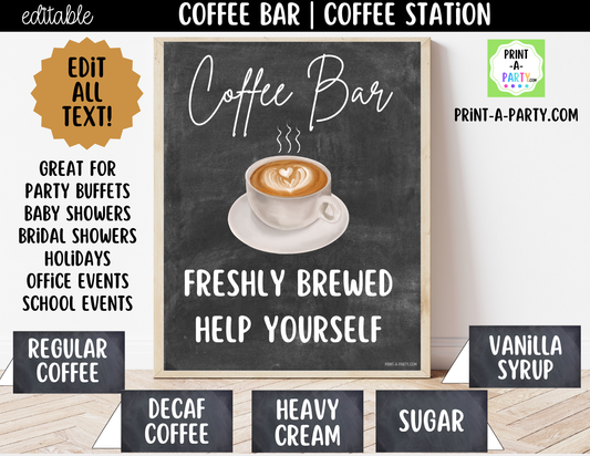 Editable Coffee Bar Sign (8x10) and Toppings Tent Cards - Printable Brunch Decor for Parties, Showers, Holiday and Events!