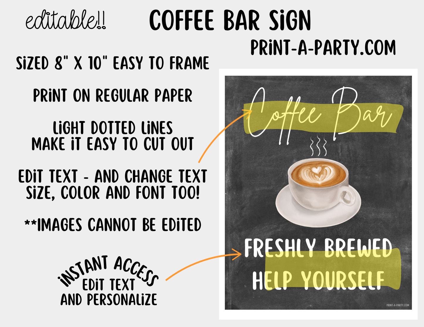 Editable Coffee Bar Sign (8x10) and Toppings Tent Cards - Printable Brunch Decor for Parties, Showers, Holiday and Events!