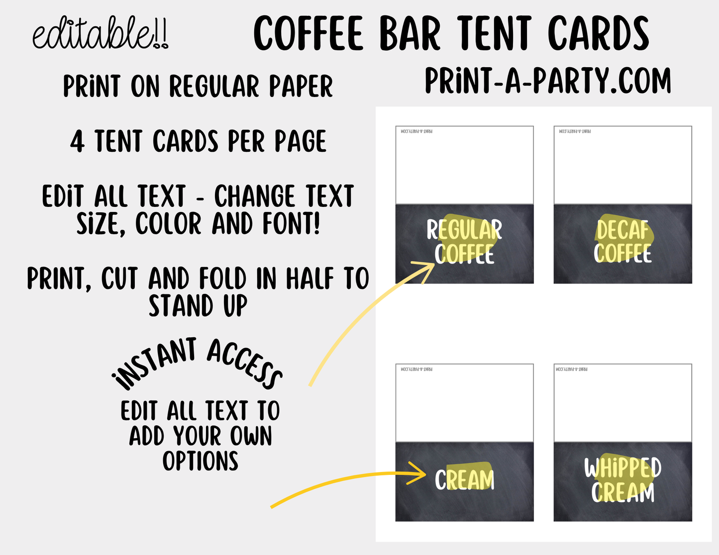 Editable Coffee Bar Sign (8x10) and Toppings Tent Cards - Printable Brunch Decor for Parties, Showers, Holiday and Events!