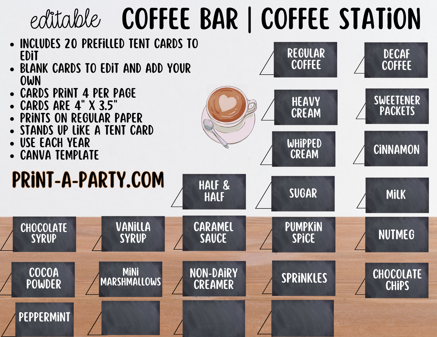 Editable Coffee Bar Sign (8x10) and Toppings Tent Cards - Printable Brunch Decor for Parties, Showers, Holiday and Events!