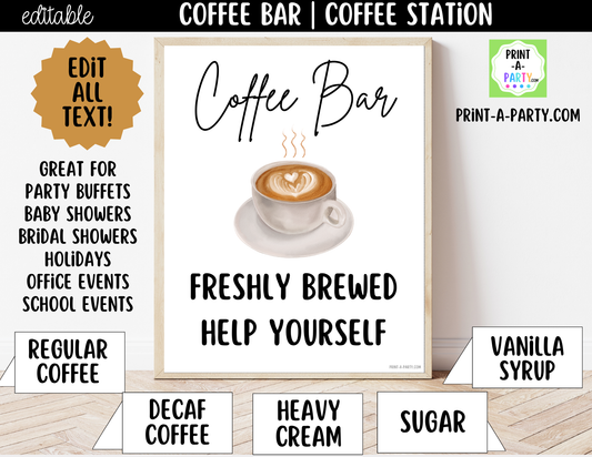 Editable Coffee Bar Sign (8x10) and Toppings Tent Cards - Printable Brunch Decor for Parties, Showers, Holiday and Events!