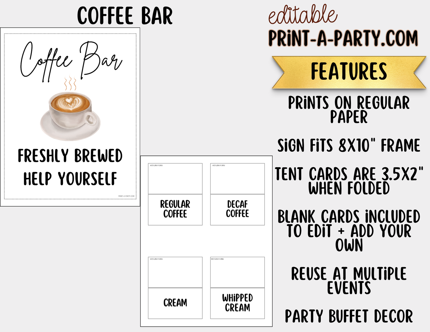 Editable Coffee Bar Sign (8x10) and Toppings Tent Cards - Printable Brunch Decor for Parties, Showers, Holiday and Events!