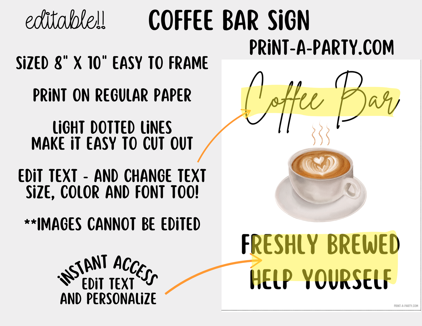 Editable Coffee Bar Sign (8x10) and Toppings Tent Cards - Printable Brunch Decor for Parties, Showers, Holiday and Events!
