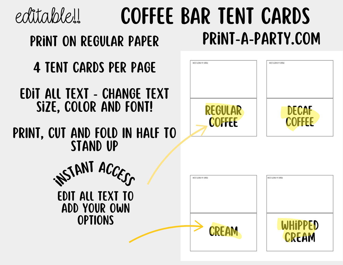 Editable Coffee Bar Sign (8x10) and Toppings Tent Cards - Printable Brunch Decor for Parties, Showers, Holiday and Events!