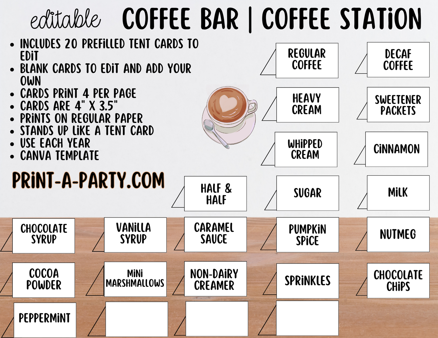 Editable Coffee Bar Sign (8x10) and Toppings Tent Cards - Printable Brunch Decor for Parties, Showers, Holiday and Events!