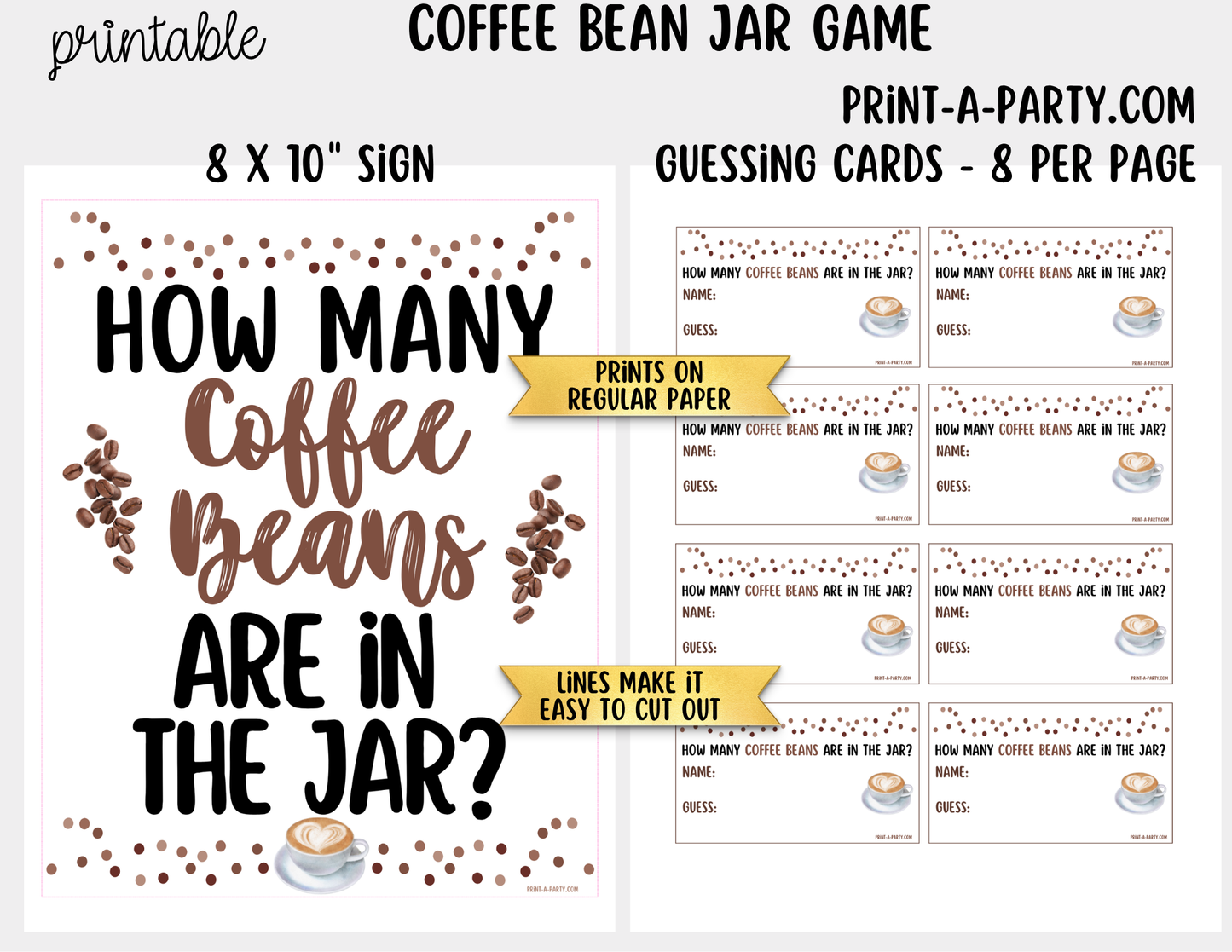 Coffee Bean Jar Guessing Game Printable Sign (8x10) + Guessing Cards - Party Game Decor