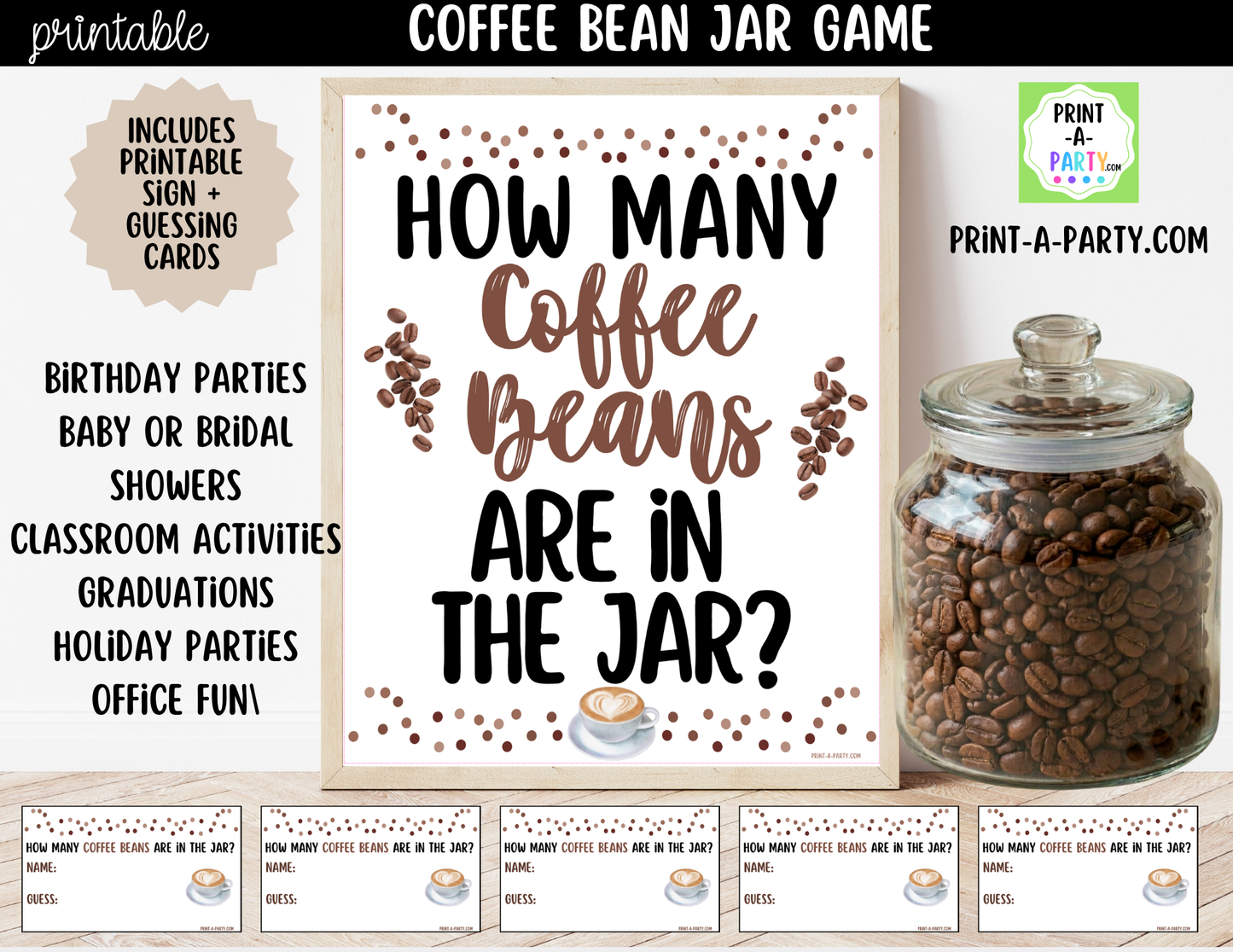 Coffee Bean Jar Guessing Game Printable Sign (8x10) + Guessing Cards - Party Game Decor