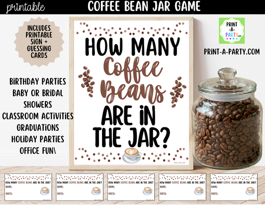 Coffee Bean Jar Guessing Game Printable Sign (8x10) + Guessing Cards - Party Game Decor