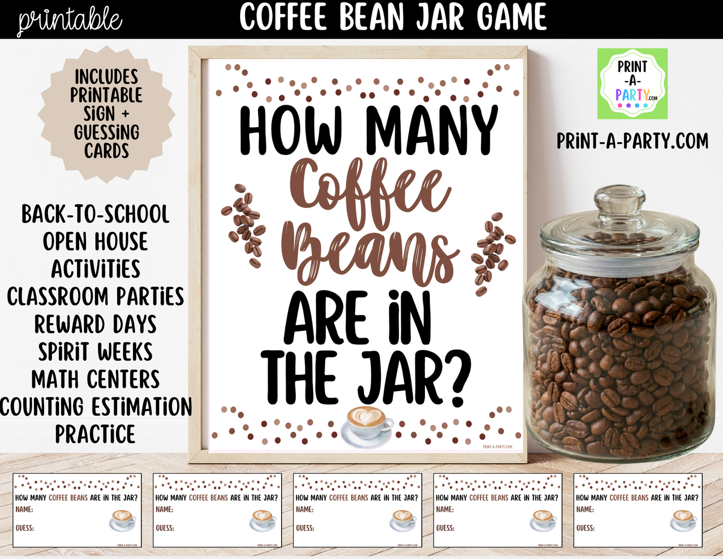Coffee Bean Jar Guessing Game Printable Sign (8x10) + Guessing Cards - Party Game Decor