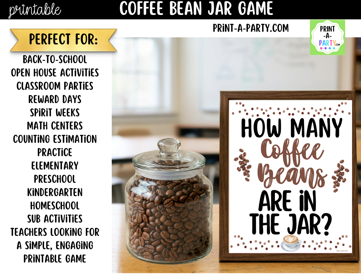 Coffee Bean Jar Guessing Game Printable Sign (8x10) + Guessing Cards - Party Game Decor