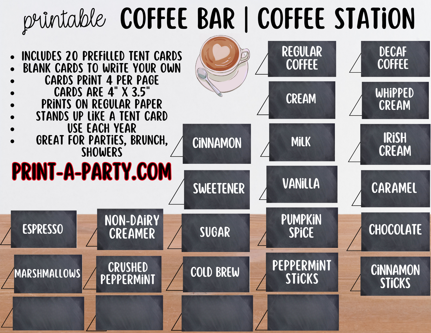 COFFEE BAR Printable - Chalkboard Sign and Toppings Labels Template - Perfect for Parties, Showers, Birthdays, Holidays or the Office