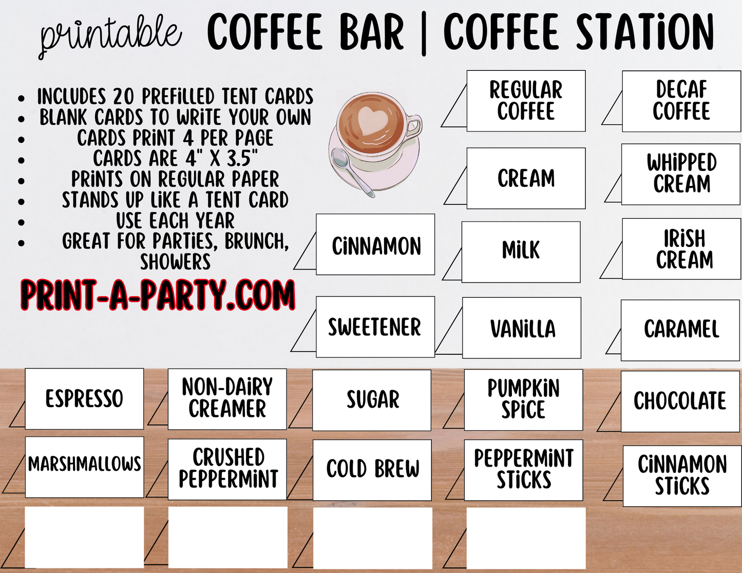 COFFEE BAR Printable - White Sign and Toppings Labels Template - Perfect for Parties, Showers, Birthdays, Holidays or the Office